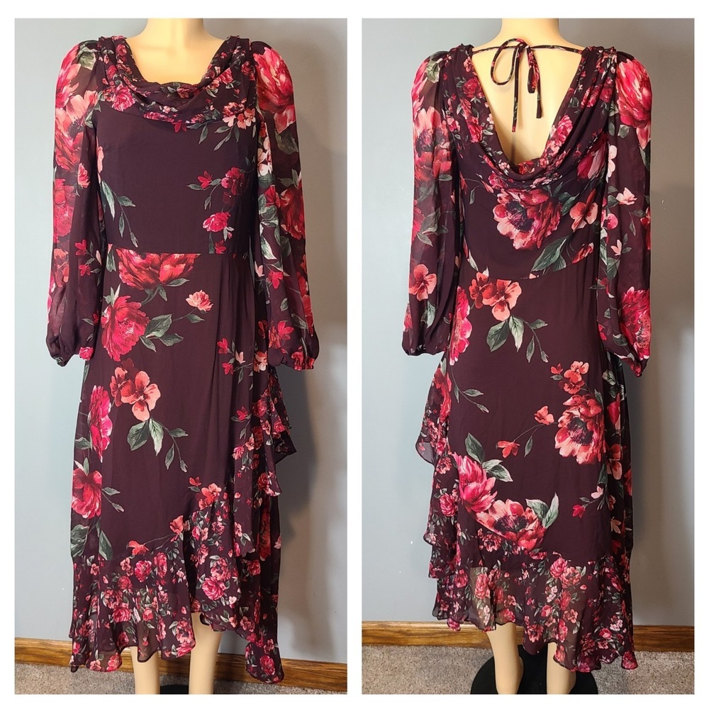 Alex Marie Size 6 Midi Floral Dress Wedding Guest Garden Party Brunch NWT Cowl